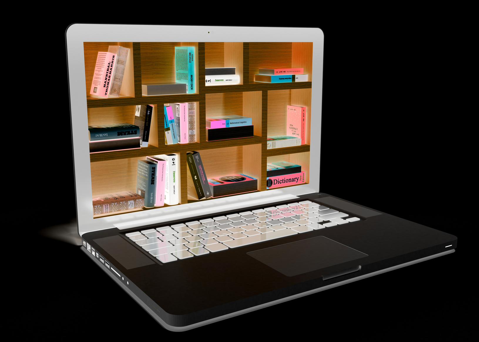 E-learning education - internet library, digital library - books inside computer